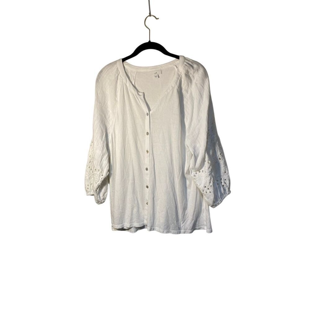 J Jill, eyelet button down V-neck balloon sleeve cottage core top M